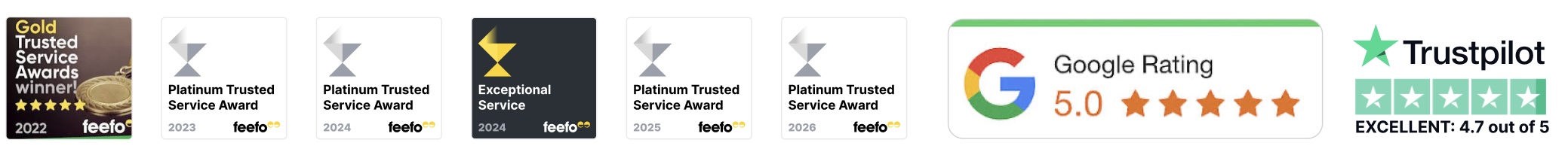 Feefo Awards, Google Rating 5.0 and Trustpilot Excellent 4.7